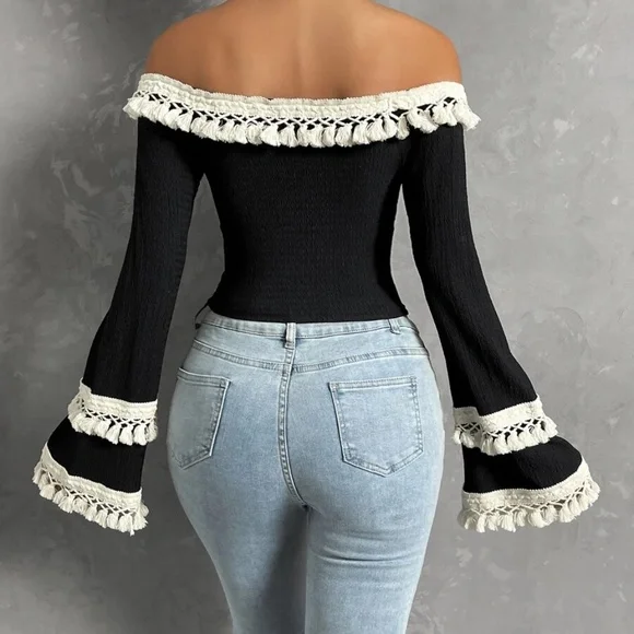 Boho Off Shoulder Tassel Detail Cropped Top - Picture 9 of 13